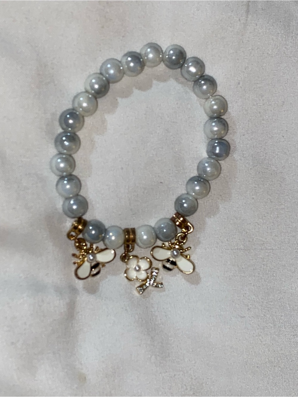 Gold Bee Charm Gray Pearl Stretch Bracelet